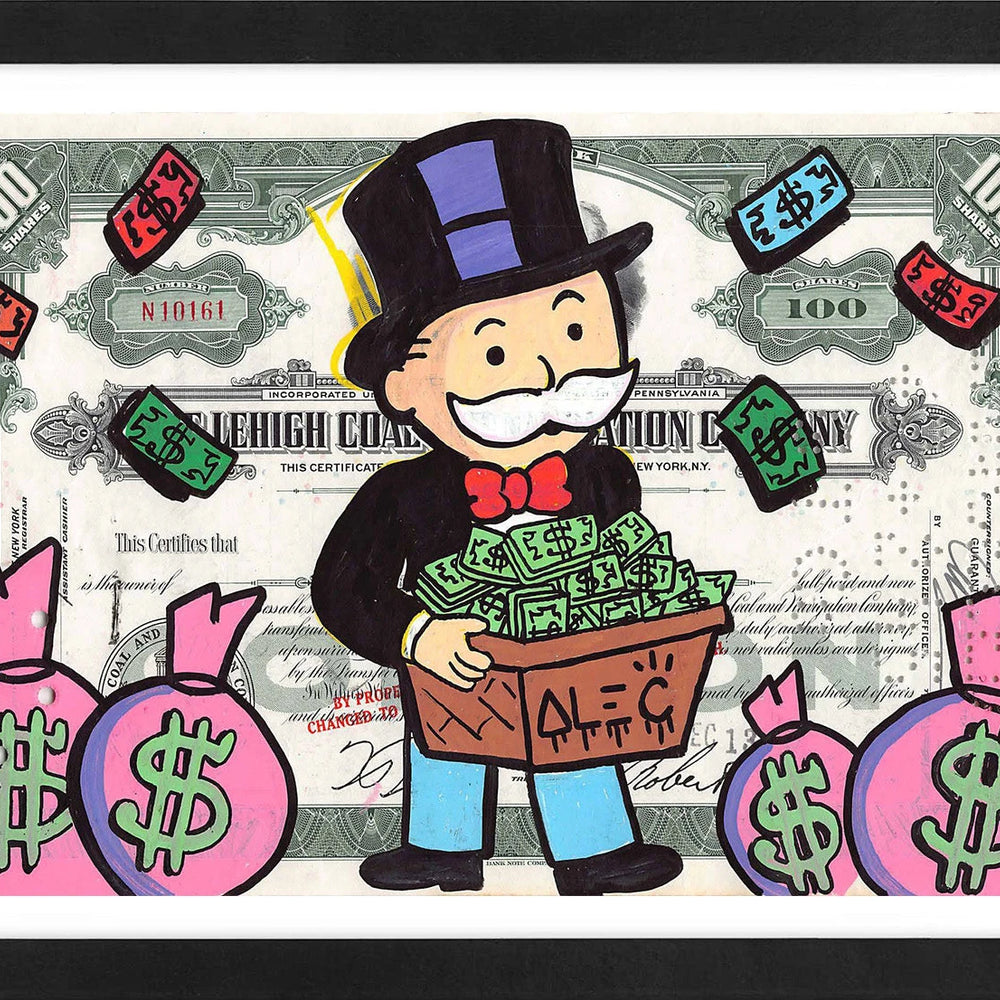 Monopoly holding $box with pink $ bags by Alec Monopoly