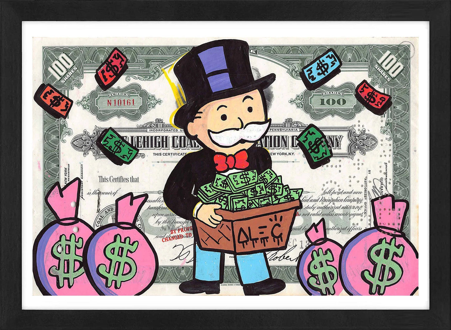 Monopoly holding $box with pink $ bags by Alec Monopoly